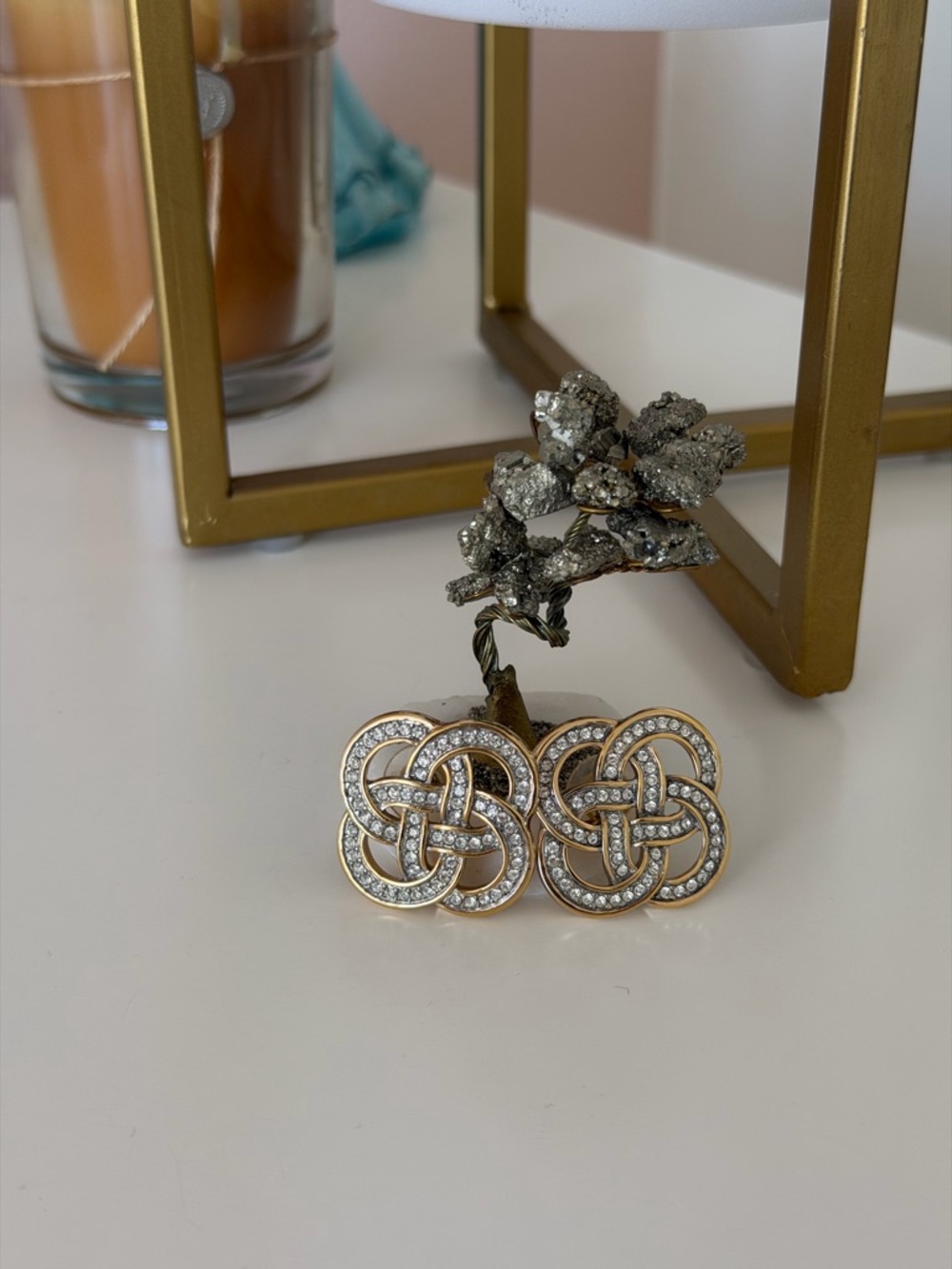 Vintage Signed SAL Swarovski Rhinestone Celtic Knot Earrings - Gold Tone